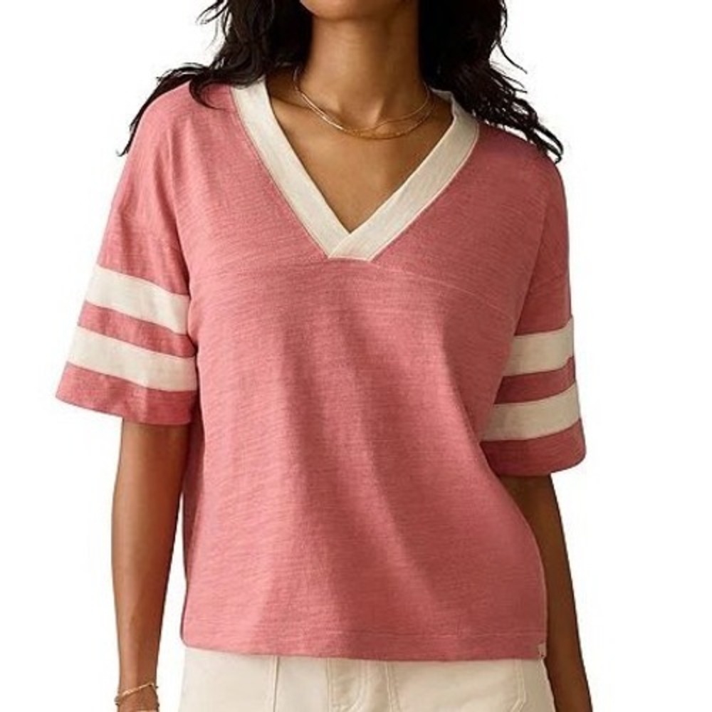 Faherty Sunwashed Organic Cotton V-Neck Top Womens Casual Size Medium Pink - Picture 11 of 11